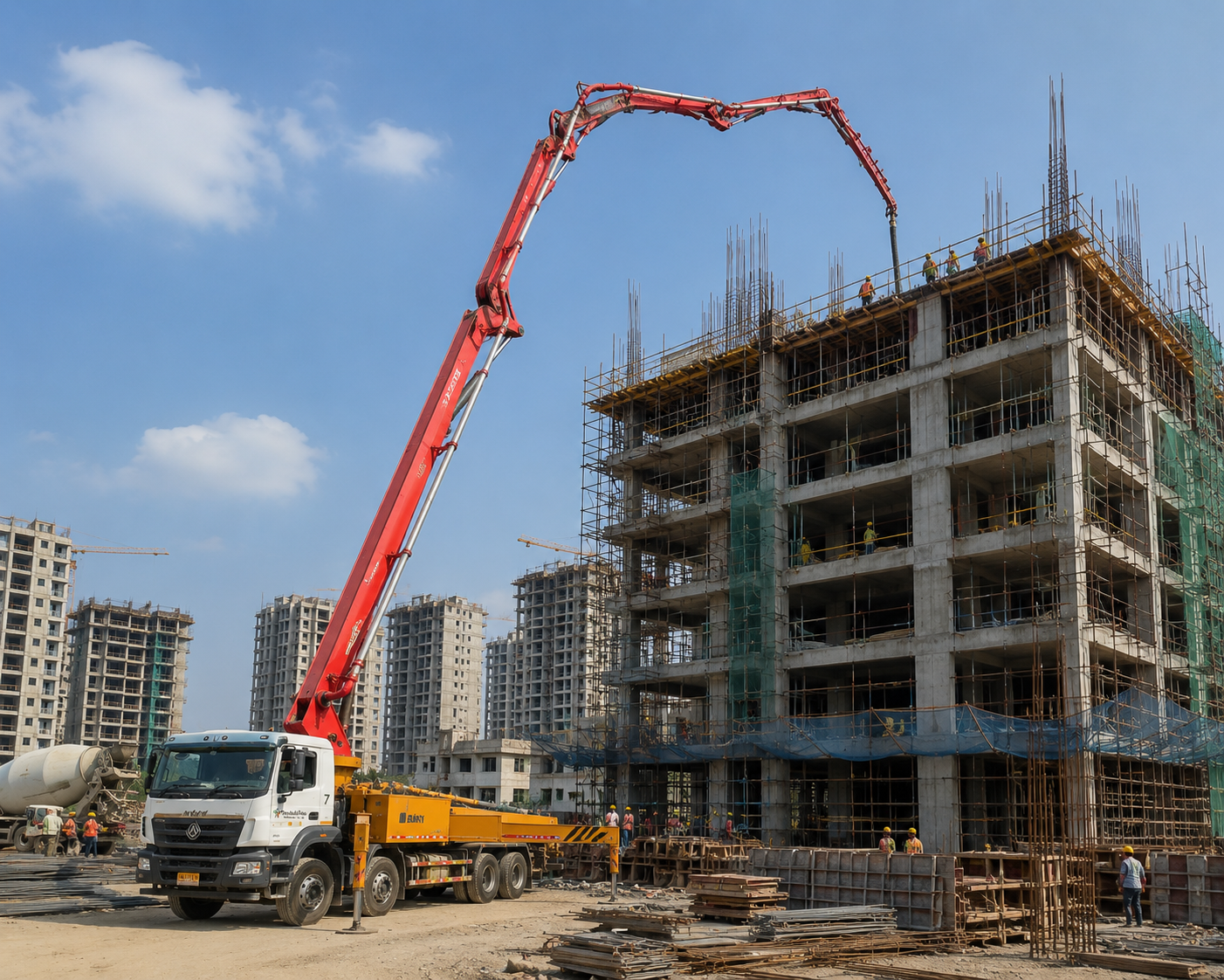 Boom pump placing concrete on a building under construction